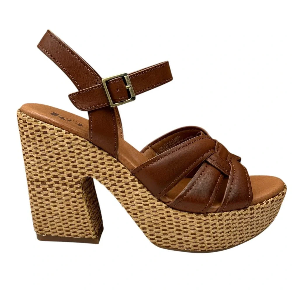 KORKS Dee‎ Womens Wedge Platform Sandal Size 9 Brown/Tan Faux-leather Block Heel
